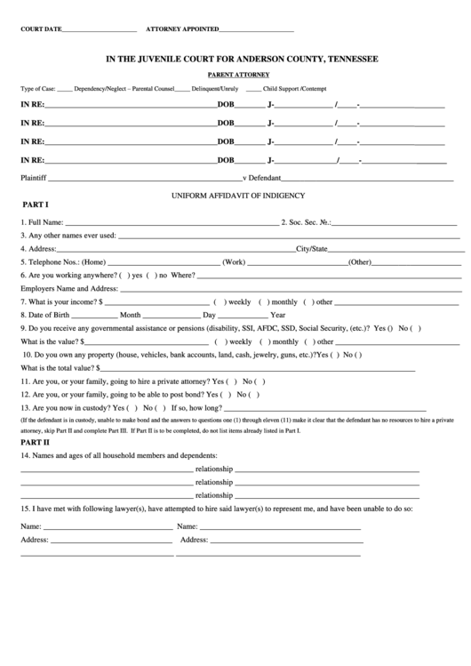 Affadavit Of Indigency Parent Attorney Form Printable Pdf Download