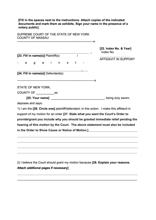 Affidavit In Support New York Supreme Court Printable Pdf Download