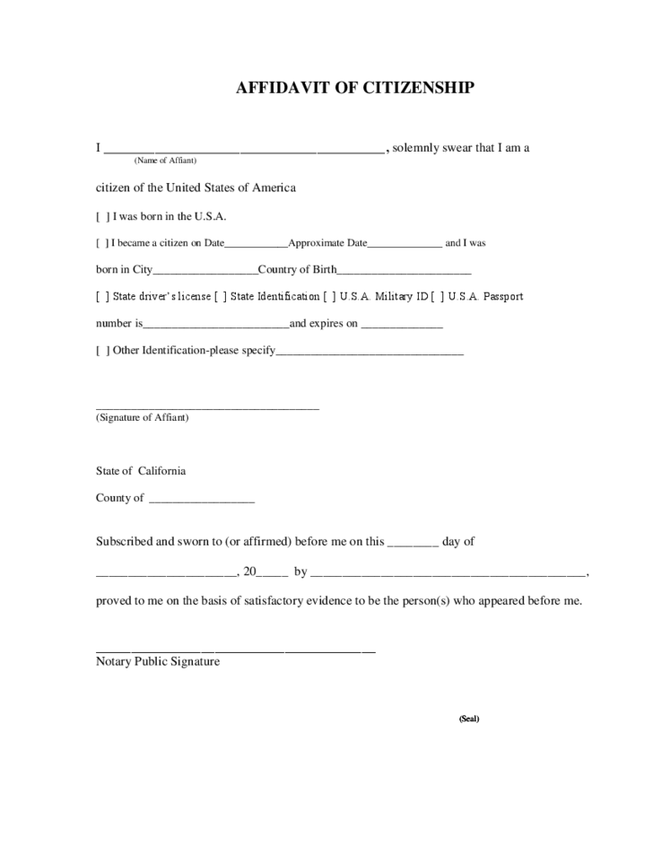 Affidavit Of Citizenship California Free Download