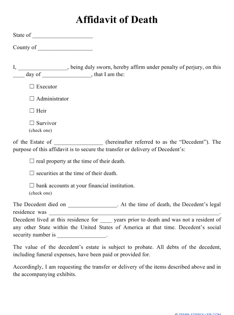 Affidavit Of Death Form Download Printable PDF Templateroller
