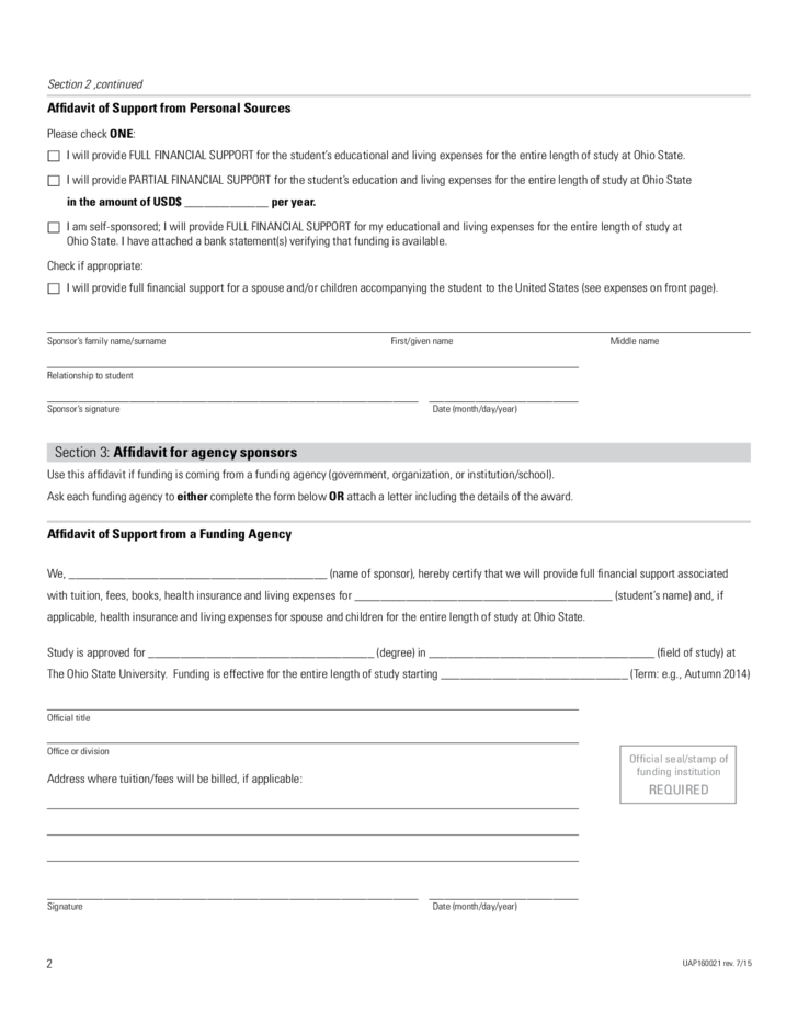 Affidavit Of Financial Support Form The Ohio State University Free