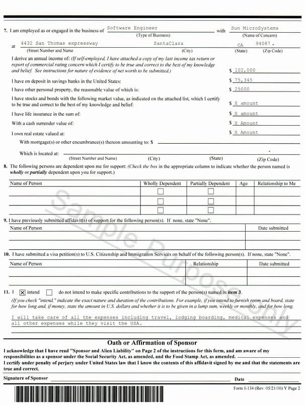 Affidavit Of Support I 134 For Visitor Visa