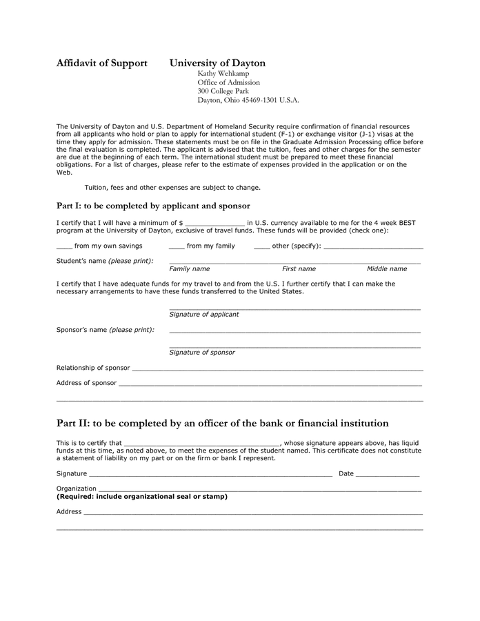 Affidavit Of Support In Word And Pdf Formats