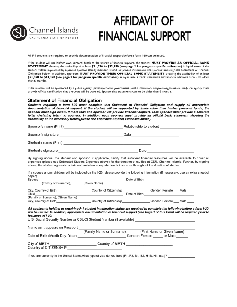 Affidavit Of Support Sample Free Printable Documents