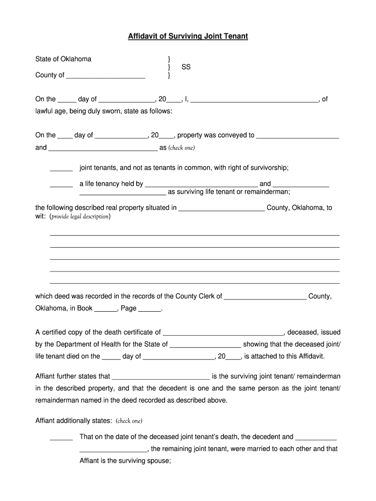 Affidavit Of Surviving Joint Tenant Fill Out And Sign Printable PDF 