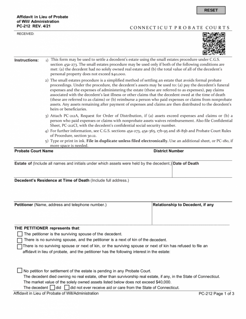 Connecticut Small Estate Affidavit Form PC 212 EForms