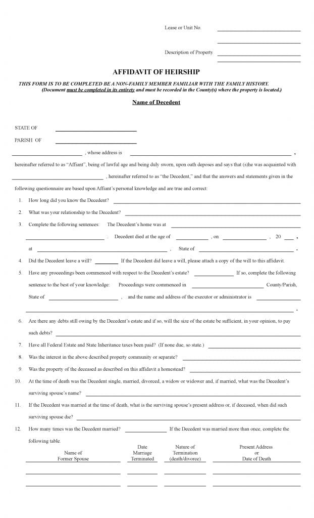 Download Free Louisiana Affidavit Of Heirship Form Form Download