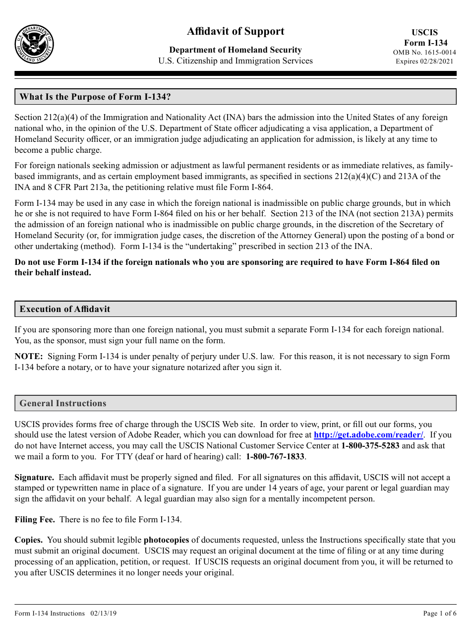 Download Instructions For USCIS Form I 134 Affidavit Of Support PDF