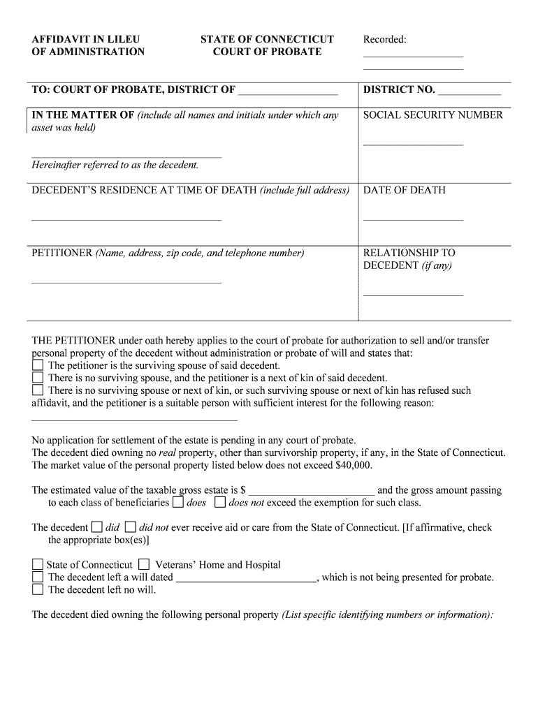 Fill Edit And Print Connecticut Small Estate Affidavit For Estates 