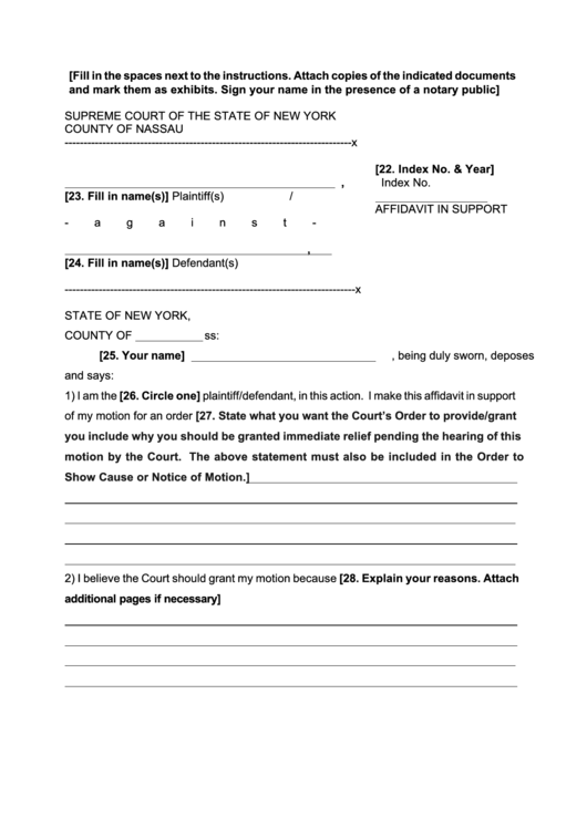 Fillable Affidavit In Support New York Supreme Court Printable Pdf 