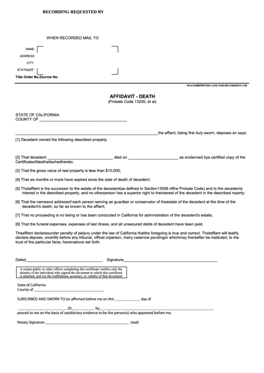 Fillable Affidavit Of Death Form State Of California Printable Pdf 