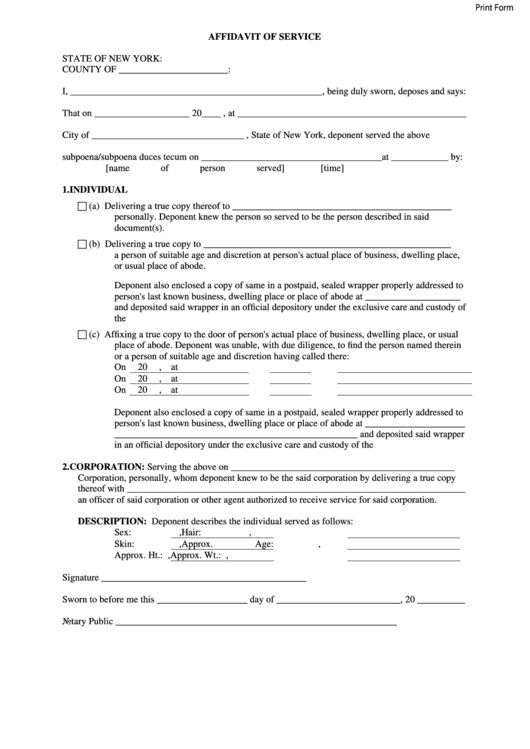 Fillable Affidavit Of Service Form State Of New York Printable Pdf 