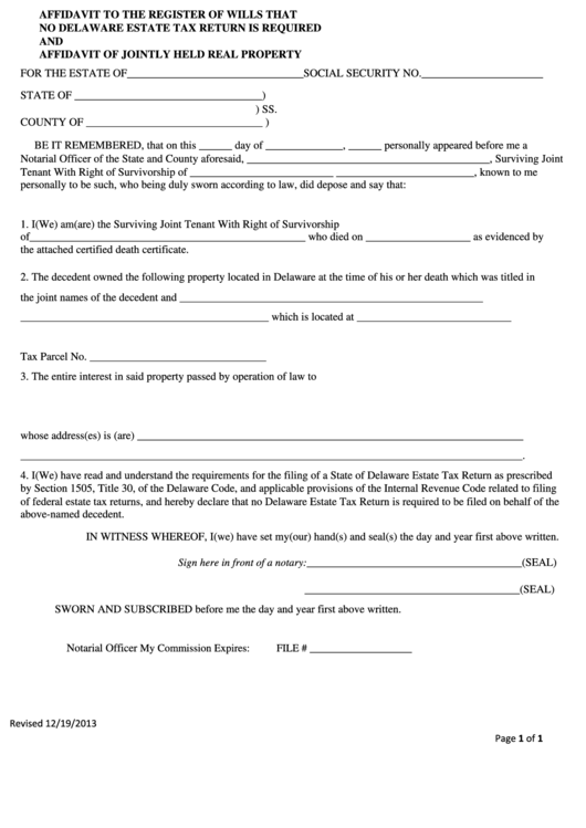 Fillable Affidavit To The Register Of Wills That No Delaware Estate Tax 