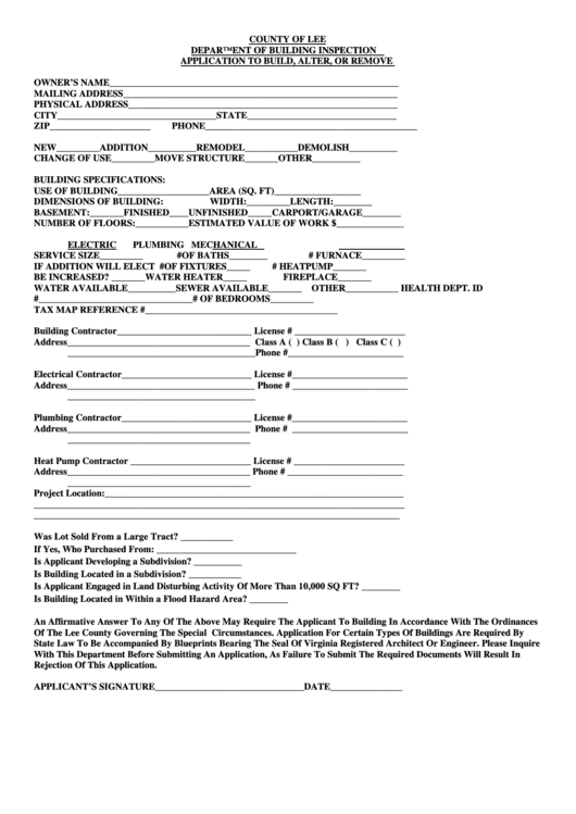 Fillable Application To Build Alter Or Remove County Of Lee 