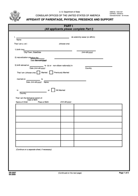 Fillable Form Ds 5507 Affidavit Of Parentage Physical Presence And 