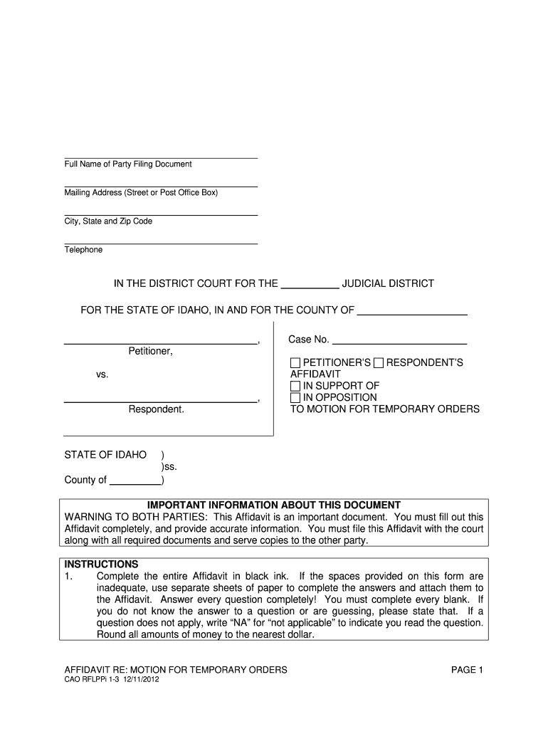 Fillable Online Isc Idaho CAO RFLPPi 1 3 Affidavit Re Motion For 