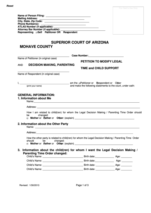 Fillable Petition To Modify Legal Decision Making Parenting Time And 