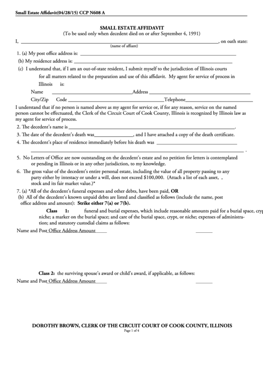 Fillable Small Estate Affidavit Form Circuit Court Of Cook County 