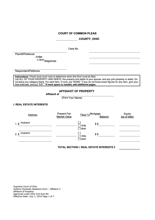 Fillable Uniform Domestic Relations Form Affidavit 2 Affidavit Of