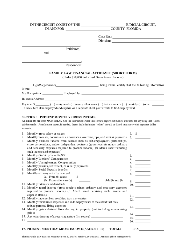 Financial Affidavit Florida Fill Online Printable Fillable Blank