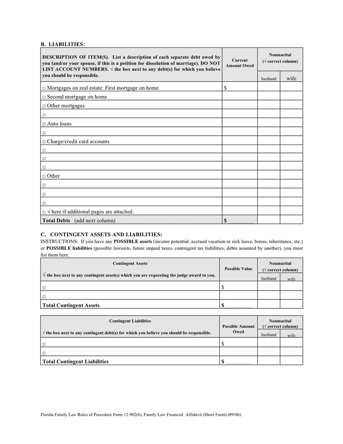 Florida Family Law Financial Affidavit short Form In Word And Pdf 