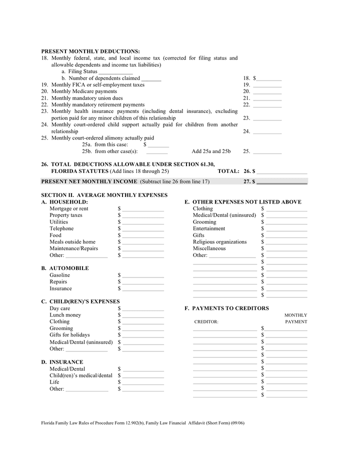 Florida Family Law Financial Affidavit short Form In Word And Pdf