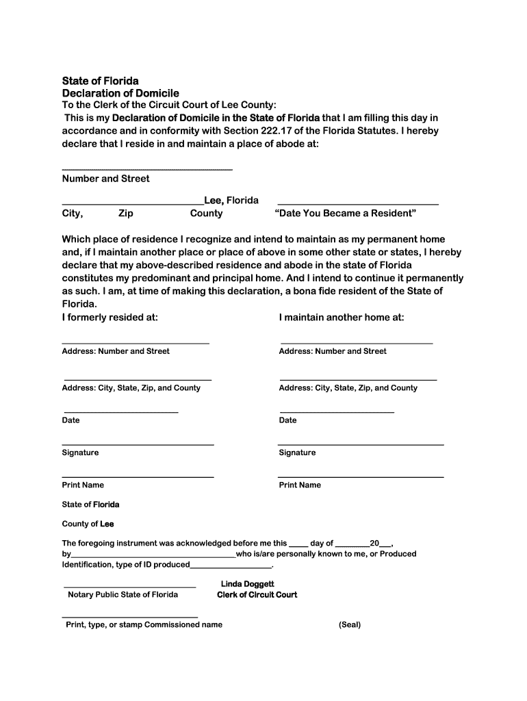 Florida Lee Declaration Domicile Fill Online Printable Fillable 