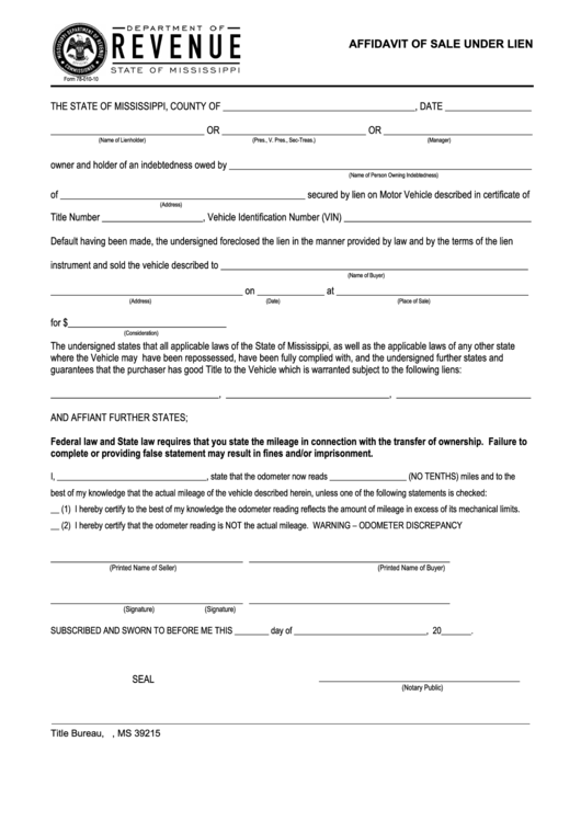 Form 78 010 10 Affidavit Of Sale Under Lien Form Printable Pdf Download