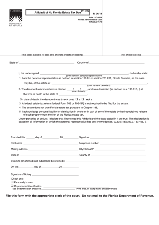 Form Dr 312 Affidavit Of No Florida Estate Tax Due Printable Pdf Download