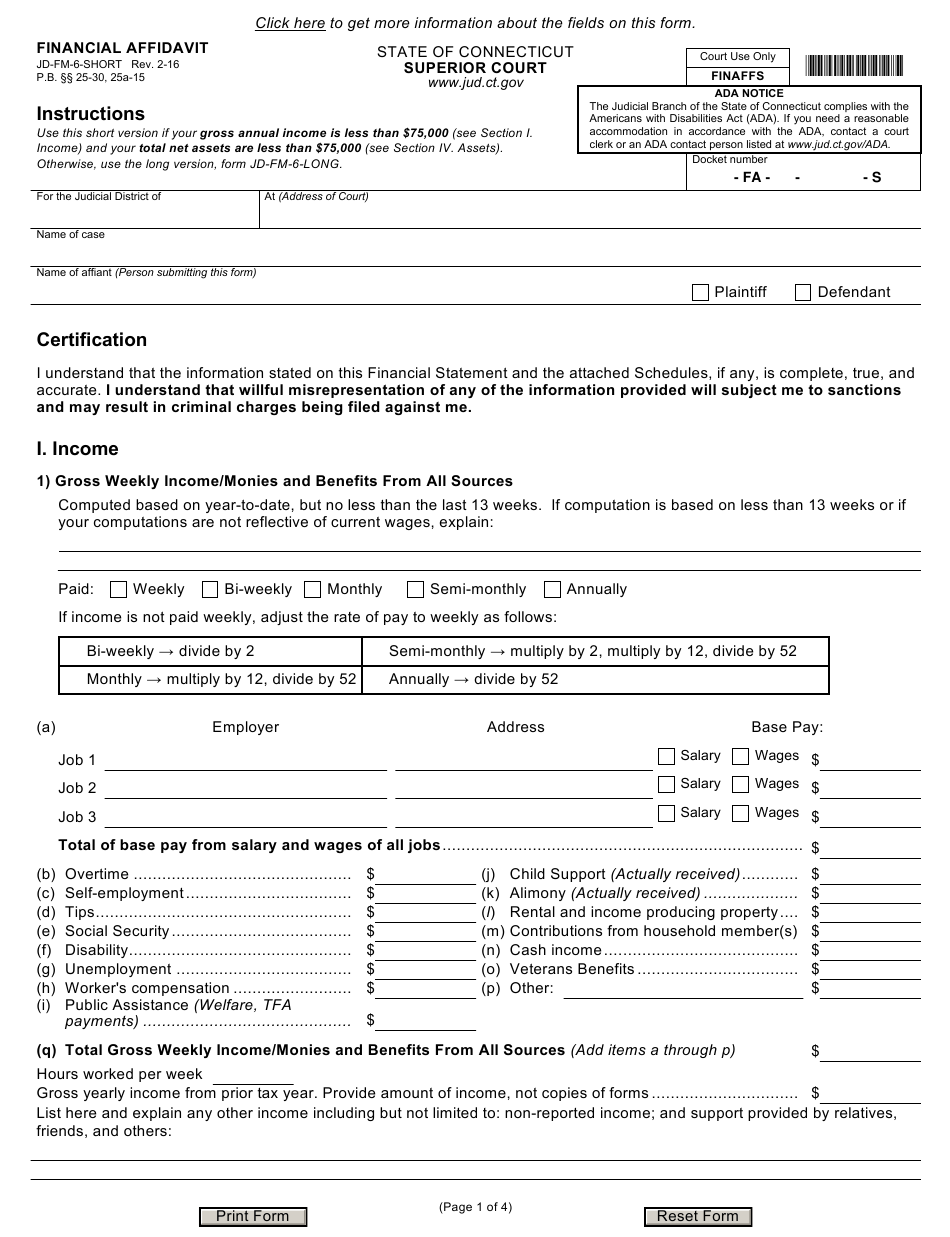Form JD FM 6 SHORT Download Fillable PDF Or Fill Online Financial