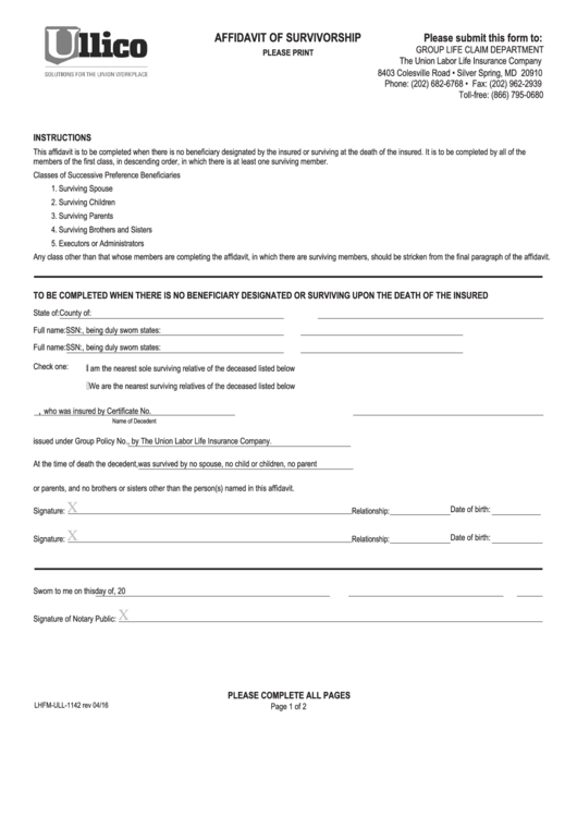 Form Lhfm Ull 1142 Affidavit Of Survivorship Printable Pdf Download