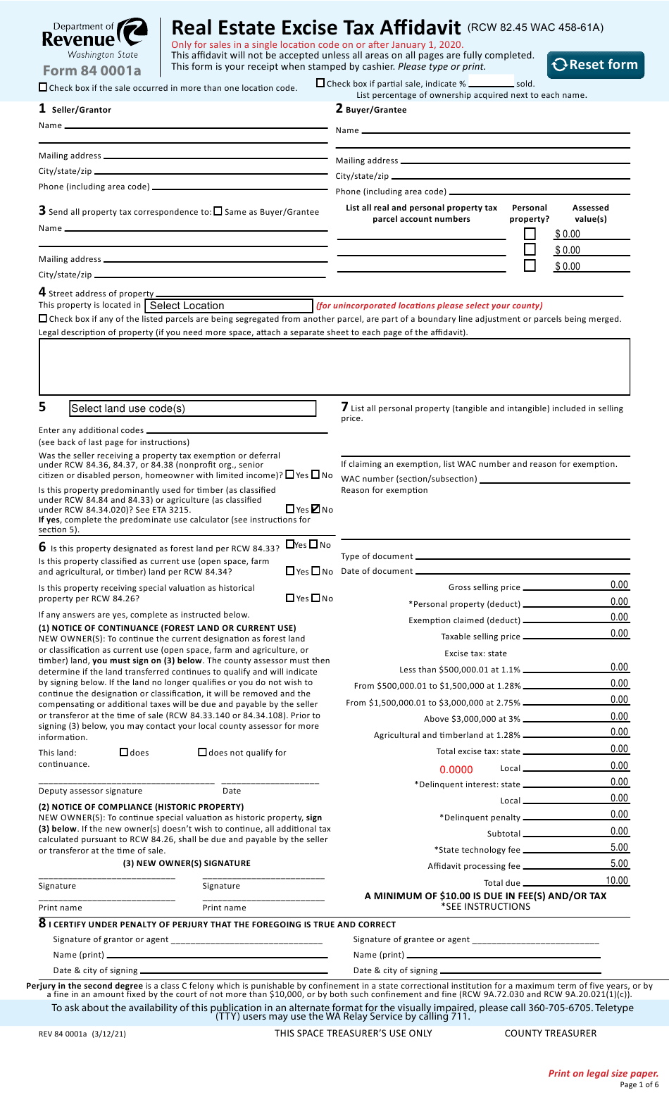 Form Of Real Estate Excise Tax Affidavit For Washington 2023