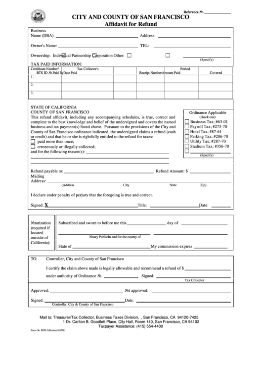Form Rfd 1 City And County Of San Francisco Affidavit For Refund 