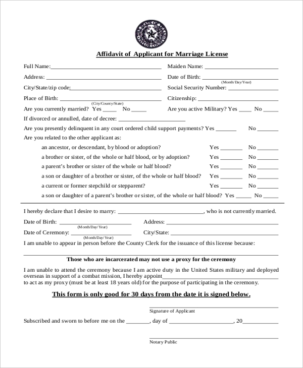 FREE 11 Affidavit Form For Marriage Samples In MS Word PDF