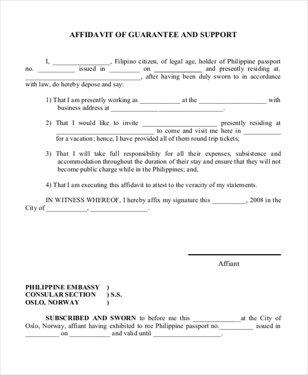 FREE 11 Sample Affidavit Of Support Forms In PDF MS Word