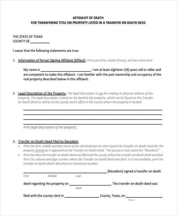 FREE 5 Sample Affidavit Of Death Forms In MS Word PDF