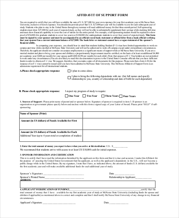FREE 9 Sample Affidavit Of Support Forms In PDF MS Word