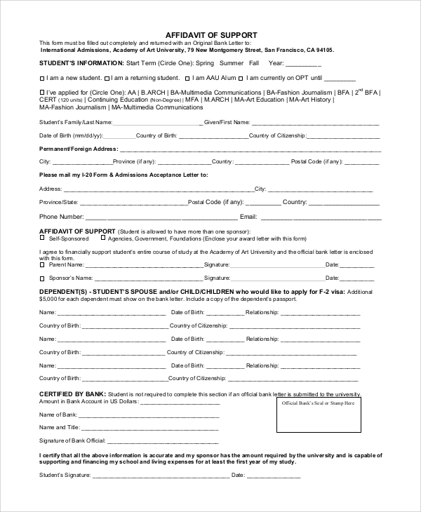 FREE 9 Sample Affidavit Of Support Forms In PDF MS Word