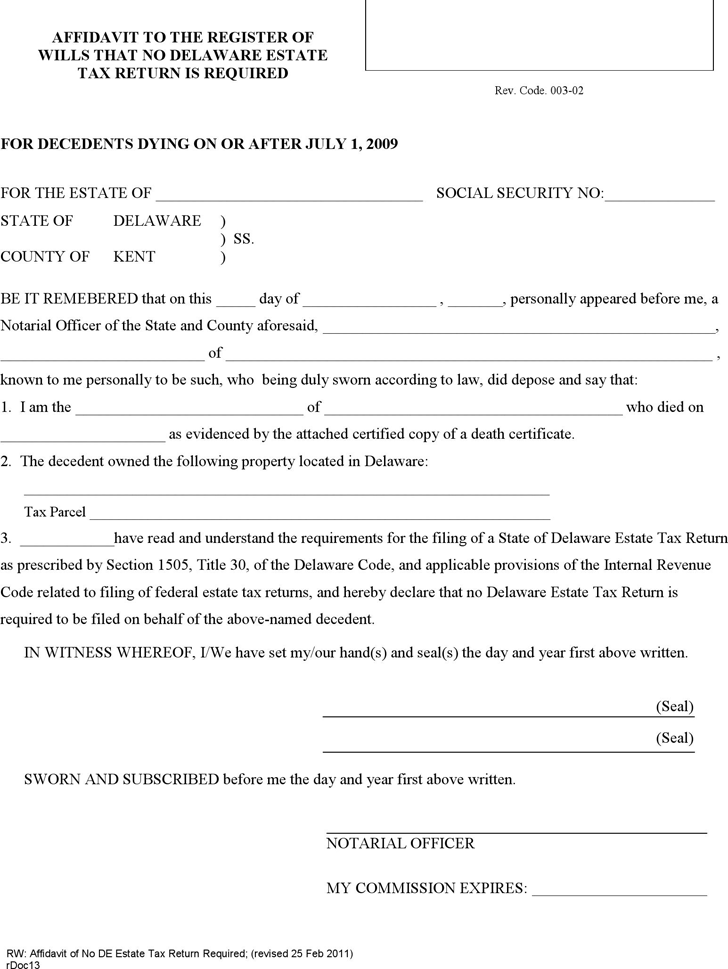 Free Delaware Affidavit To The Register Of Wills That No Estate Tax