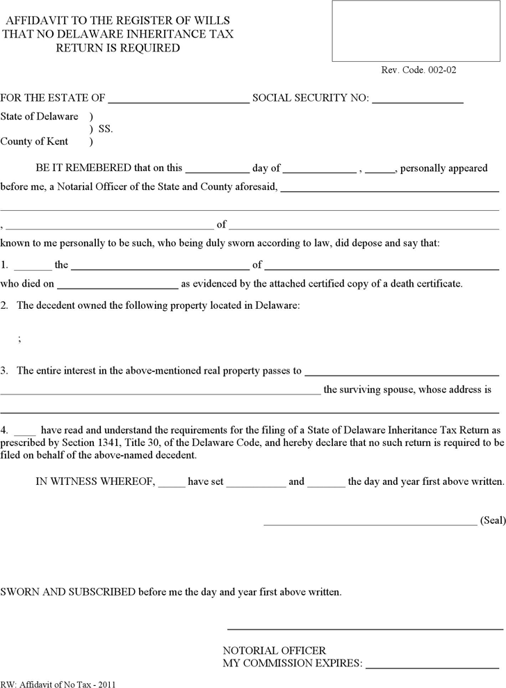Free Delaware Affidavit To The Register Of Wills That No Inheritance 