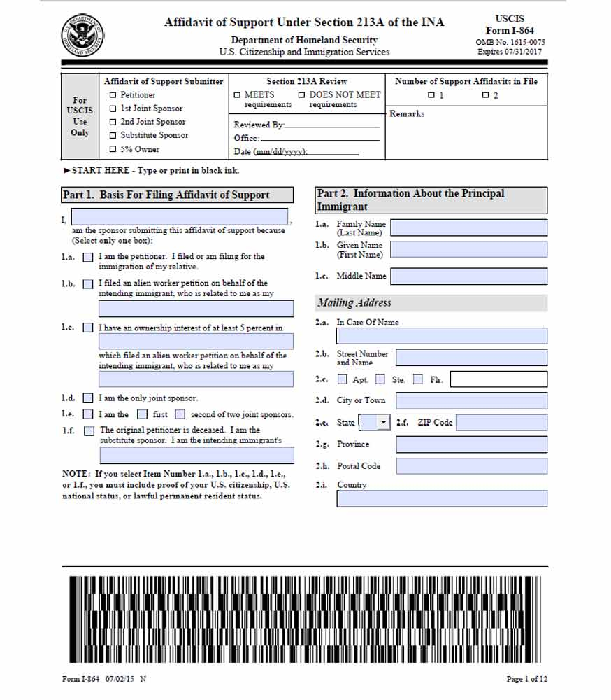 Free I 864 Affidavit Of Support Under Section 213A Of The INA WikiForm