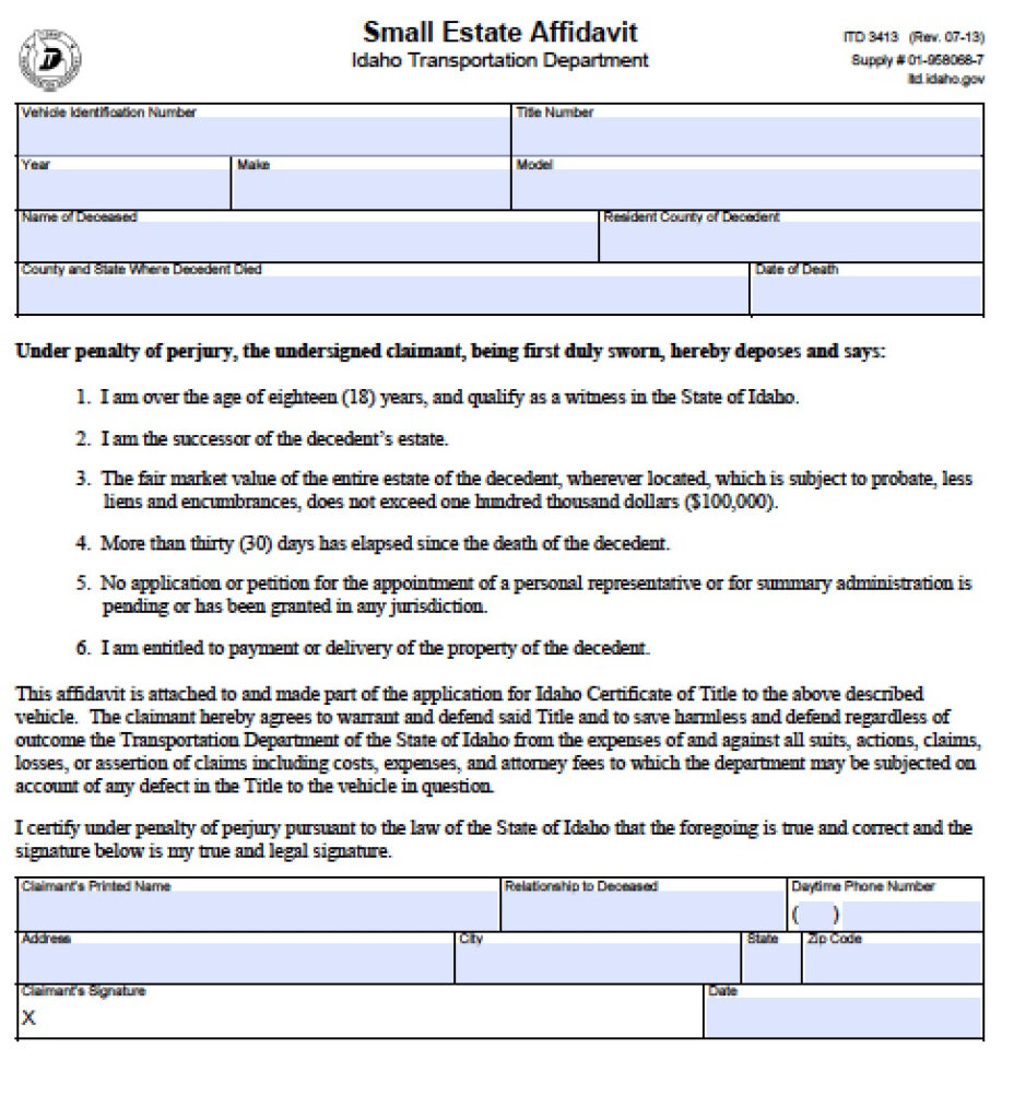 Free Idaho Small Estate Affidavit Vehicle Only Form PDF Word