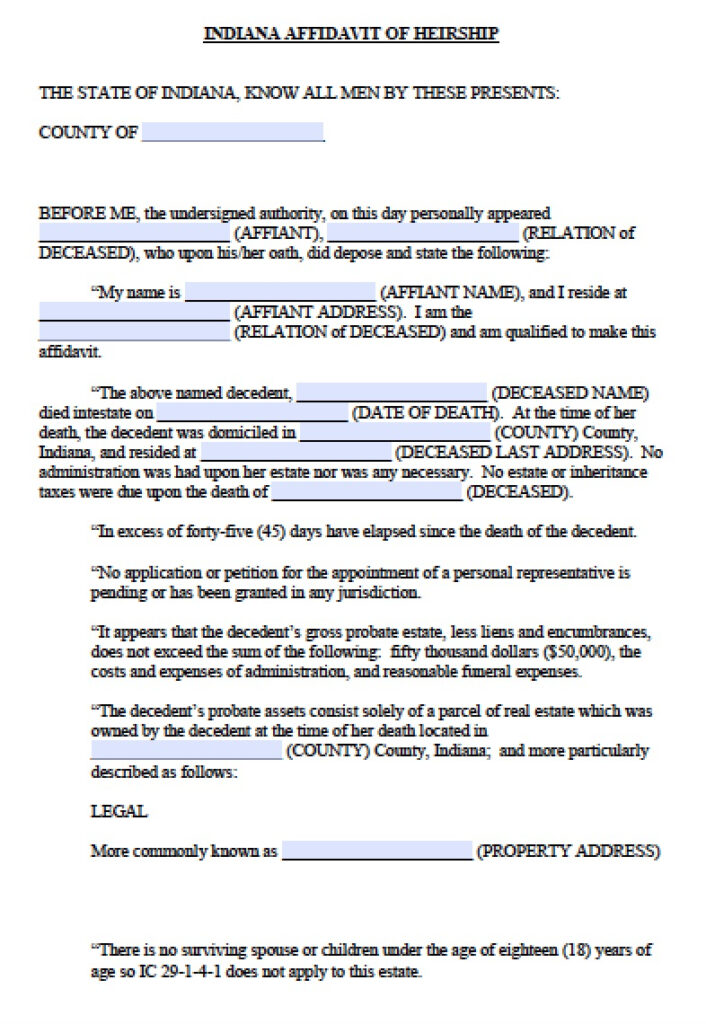 Free Indiana Affidavit Of Heirship Form PDF Word