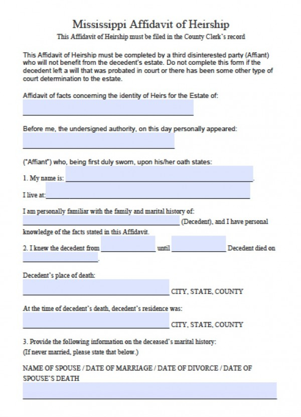 Free Mississippi Affidavit Of Heirship Form PDF Word