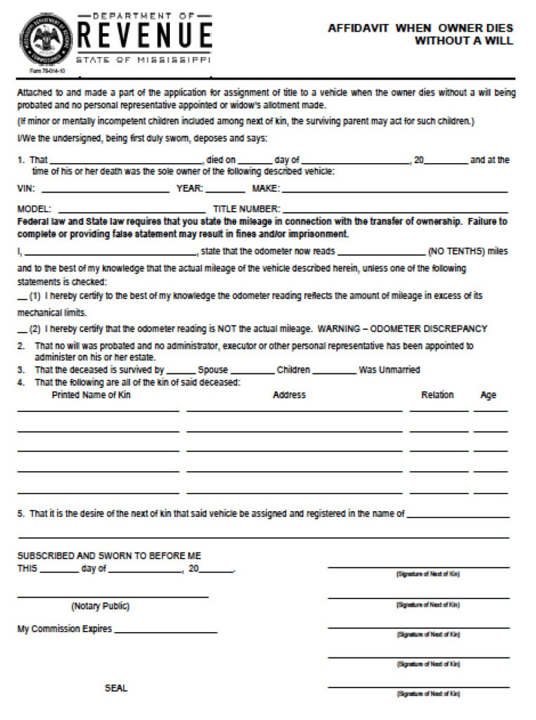 Free Mississippi Affidavit Of Heirship Vehicle Only 78014 Form 