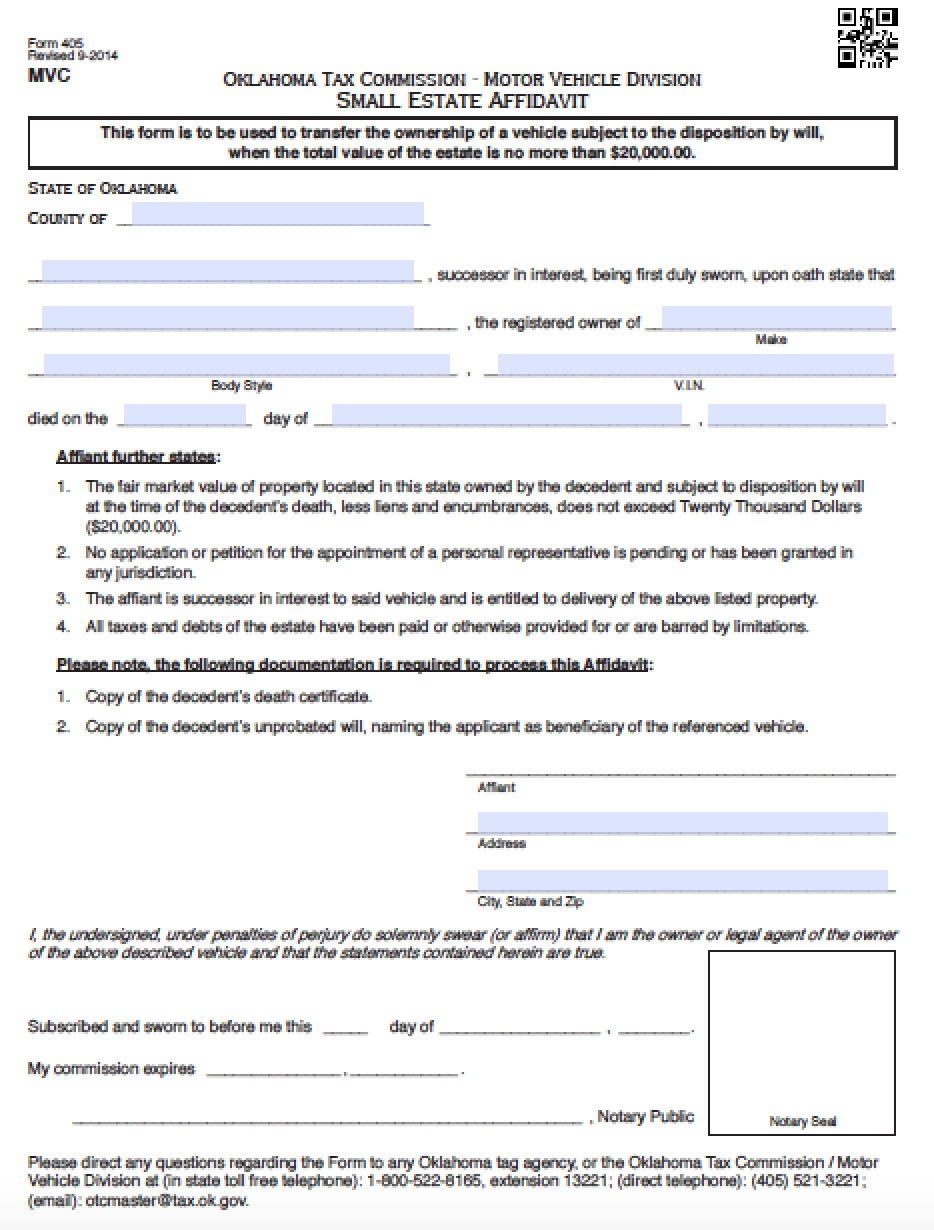 Free Oklahoma Small Estate Affidavit Vehicles Only 405 Form PDF