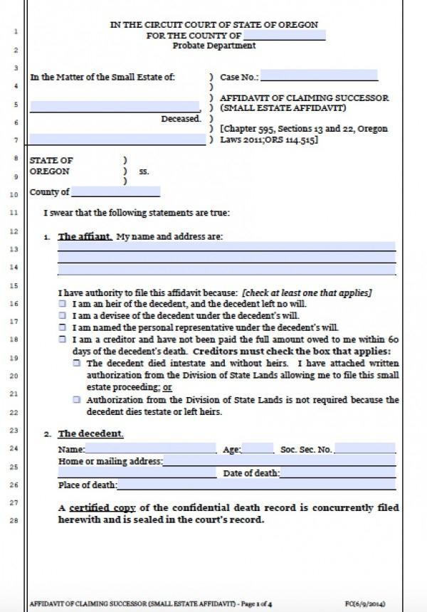 Free Oregon Small Estate Affidavit Form Small Estate Affidavit Form