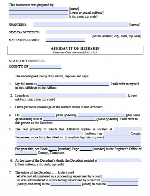 Free Tennessee Affidavit Of Heirship Form PDF Word