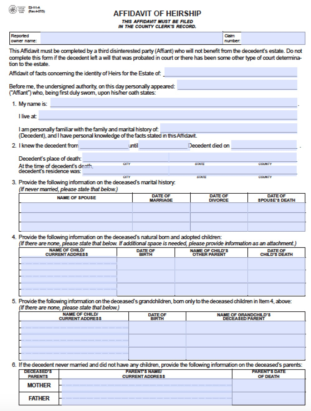 Free Texas Affidavit Of Heirship 53 111 a Form PDF Word