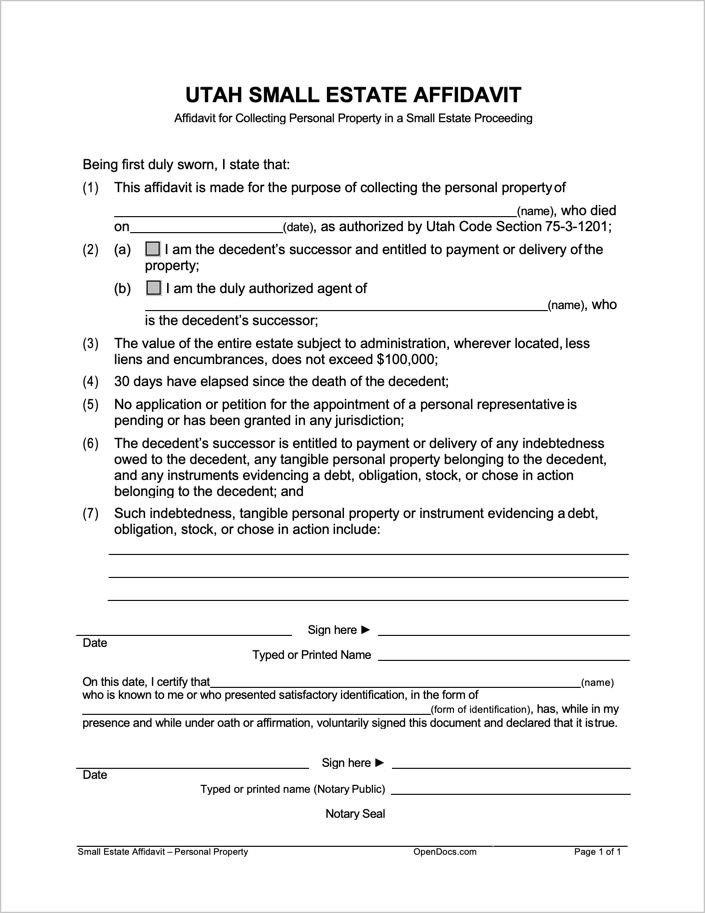 Free Utah Small Estate Affidavit Form PDF WORD